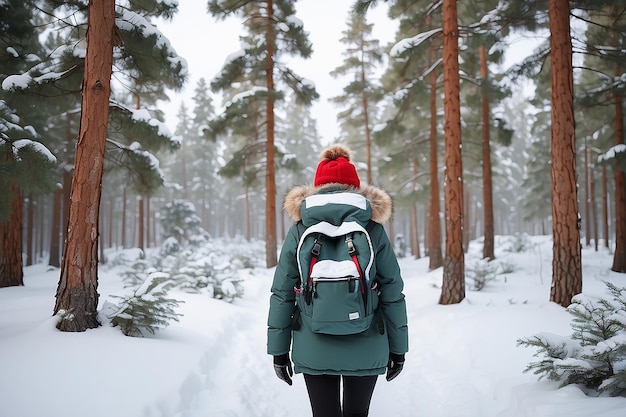Frau in warmer Winterjacke mit Pelz und Rucksack geht in schneebedecktem Winter-Kiefernwald