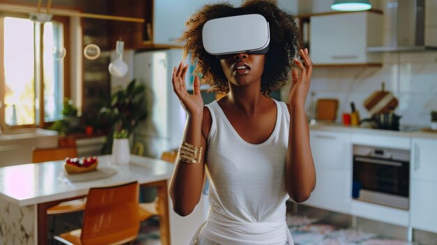 Frau in weißem Hemd mit virtuellem Headset