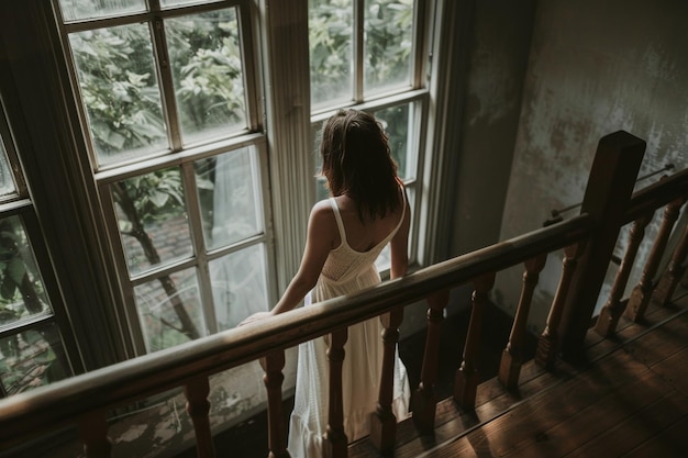 Frau in weißem Kleid, die aus dem Fenster schaut