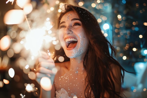 Foto frau in weißem kleid, die sparkler hält, erzeugt einen atemberaubenden nächtlichen glanz. das gesicht eines mädchens leuchtet auf, nachdem sie ihre überraschende braut-shower gesehen hat.