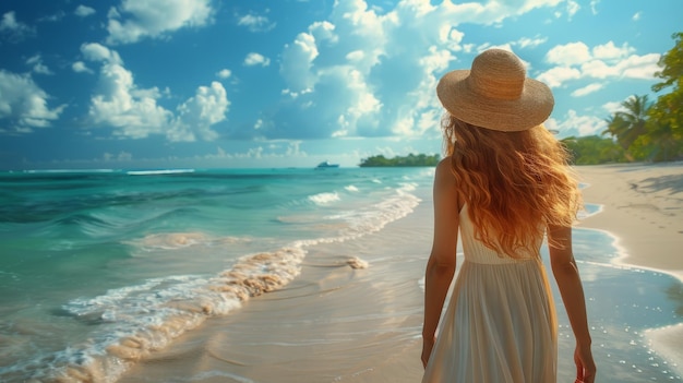 Frau in weißem Kleid und Hut geht am Strand spazieren