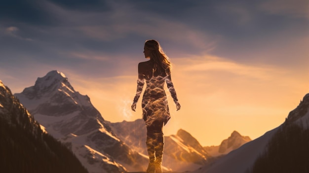 Frau in Yoga-Ganzkörper-Pose mit Hintergrundbeleuchtung im atemberaubenden Alpine Generative AI-Bildweber