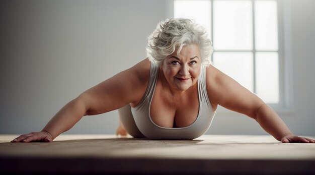 Frau in Yoga-Trainingskleidung macht Liegestütze