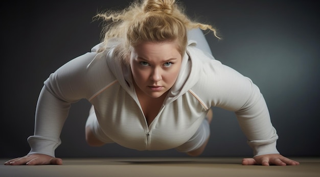 Frau in Yoga-Trainingskleidung macht Liegestütze