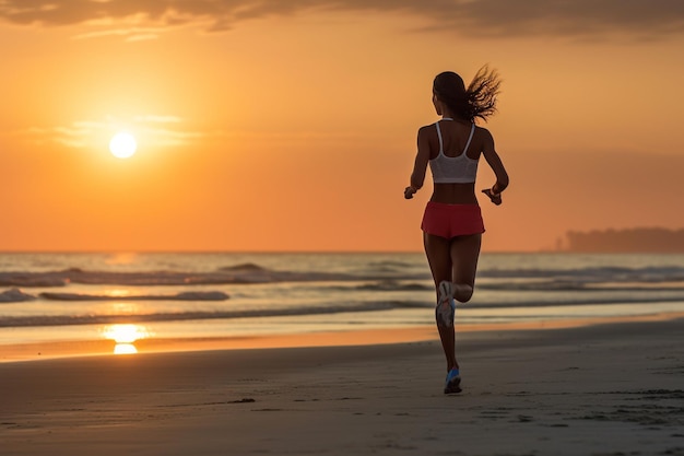 Frau joggt abends am Strand. Generierte KI