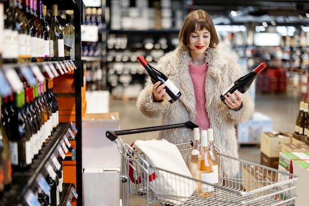 Frau kauft Wein im Supermarkt