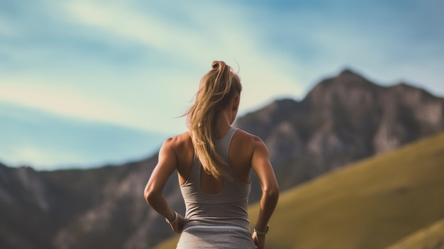 Frau kehrt Fitness in den Bergen zurück, ästhetisches Bild, generative KI