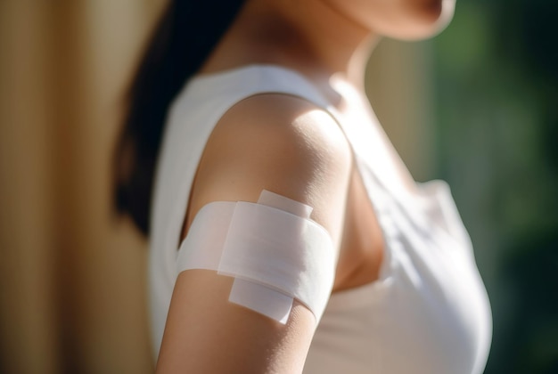 Frau klebende Bandage Arm im Sonnenlicht Krankenhaus Injektion Patient verletzt Pflege Haut generieren Ai