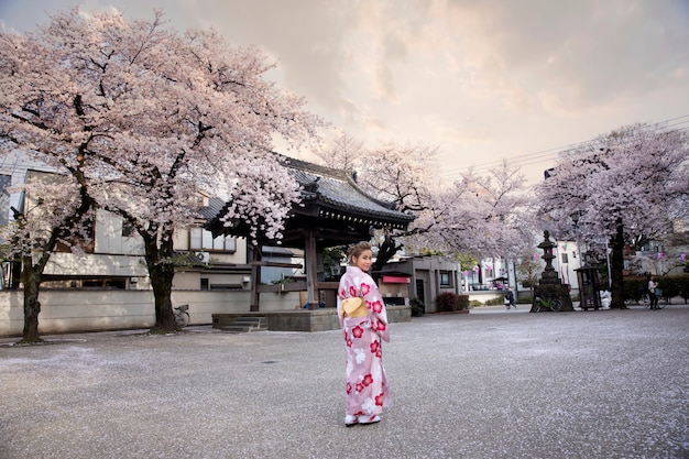 Frau kleidete im traditionellen japanischen Kostüm am Fushimi-inari Schrein, Kyoto Japan an