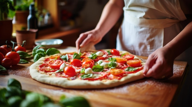 Frau kocht italienische Pizza