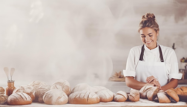 Frau kocht lächelnd mit vielen Bäckerbrötchen