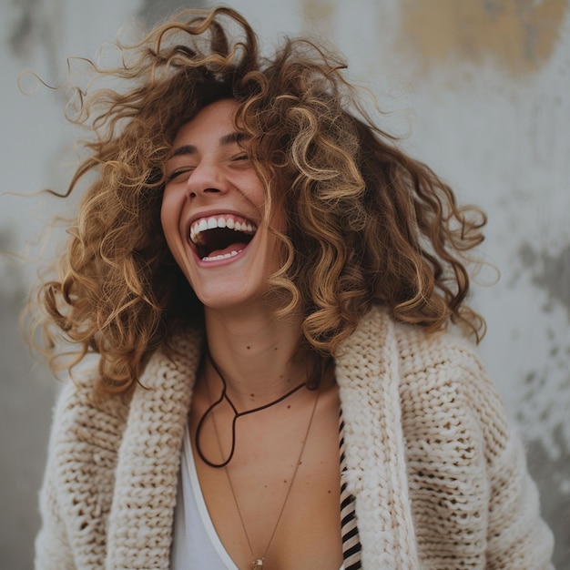 Frau lacht mit Haaren, die im Wind wehen