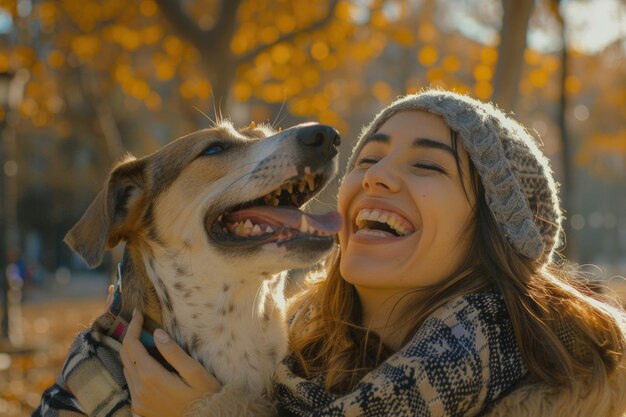 Frau lacht mit ihrem Hund im sonnigen Park von Madrid