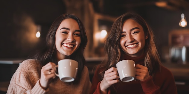 Frau lächelt in die Kamera im Café. Multiethnische Gruppe glücklicher junger Frauen, die gemeinsam Spaß im Café haben