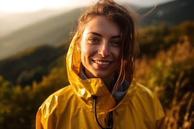 Frau lächelt mit Zähnen, Wanderporträt im gelben Regenmantel, Reisen im Herbst und Wandern