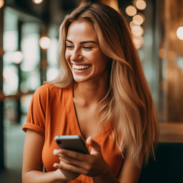 Frau lächelt und schaut mit einem Lächeln im Gesicht auf ein Telefon