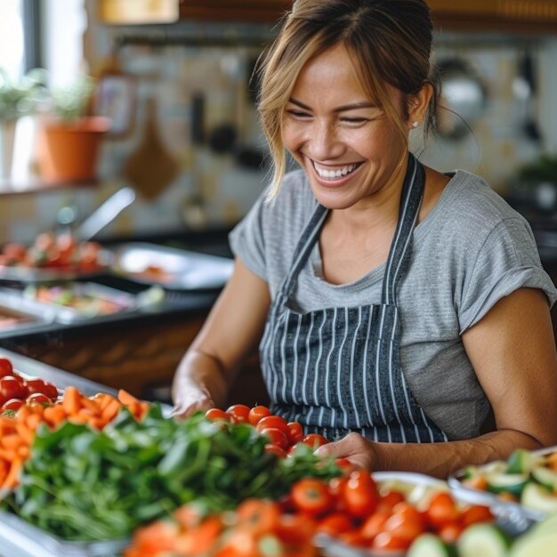 Frau lächelt vor dem Gemüseschalter