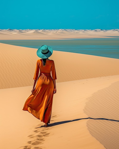 Frau läuft allein auf den Sanddünen eines Strandes