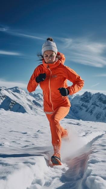 Frau läuft auf dem weiblichen Läufer im Schnee