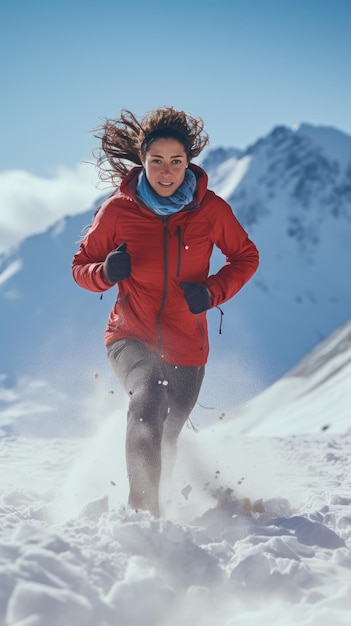 Frau läuft auf dem weiblichen Läufer im Schnee