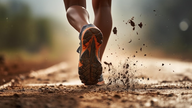 Frau läuft auf einer Asphaltstraße nach ihrem Schuh, hinter Sand oder Schlamm fliegt