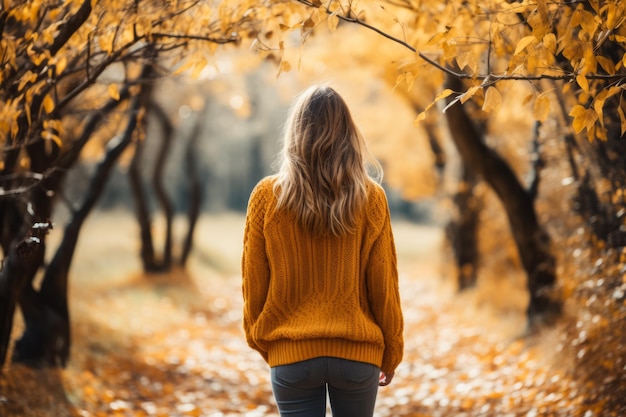 Frau läuft in einem kuscheligen Pullover durch einen farbenfrohen Herbstpark