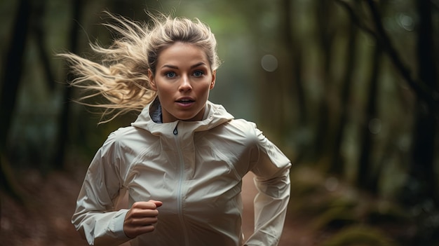 Frau läuft in einem Trainingsanzug durch den Wald