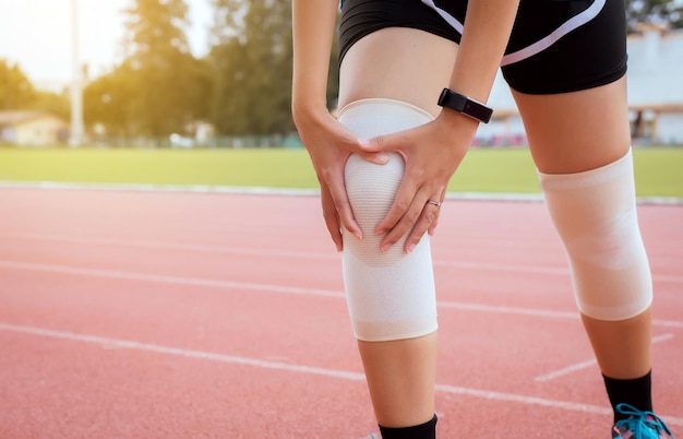 Frau leidet unter Knieschmerzen beim Laufen und Training im Freien