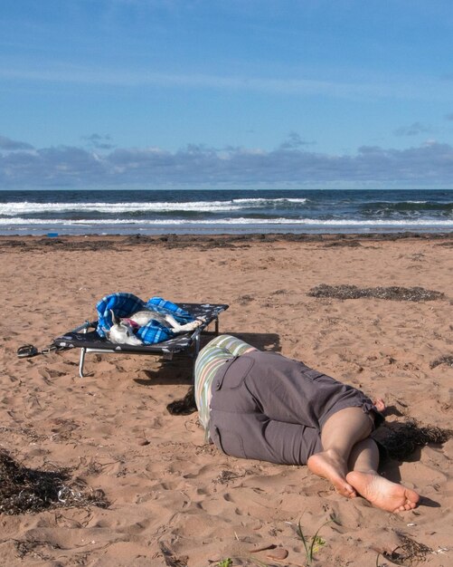 Foto frau liegt am strand und ihr hund auf einem bett