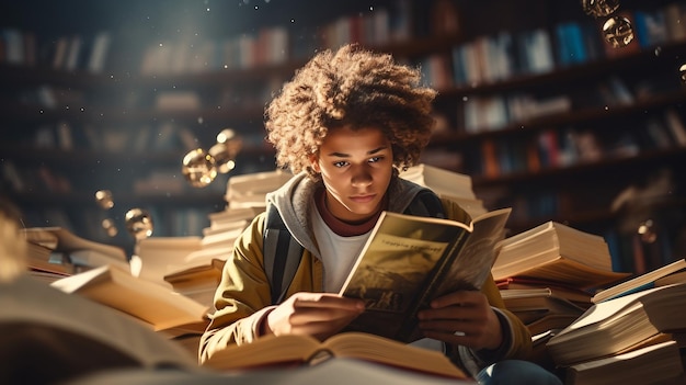 Frau liest Buch in Bibliothek, Bildungsaktivitäten umgeben von Wissen, zurück zur Schule