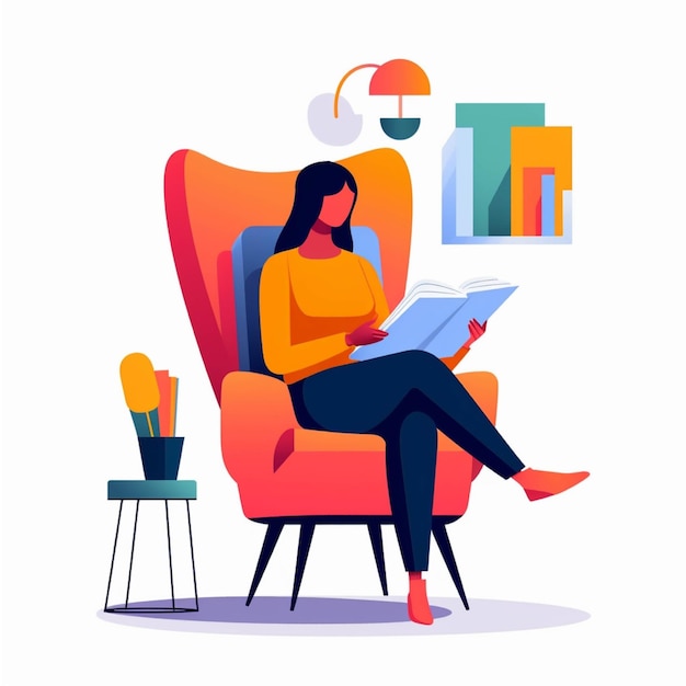 Frau liest ein Buch im Sessel Vektorillustration im flachen Stil