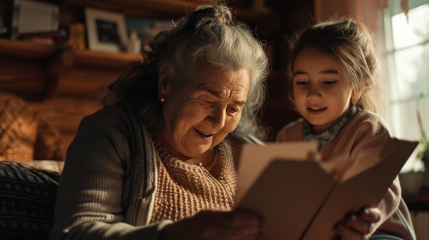 Foto frau liest einem kind vor dem weihnachtsbaum ein buch vor muttertag