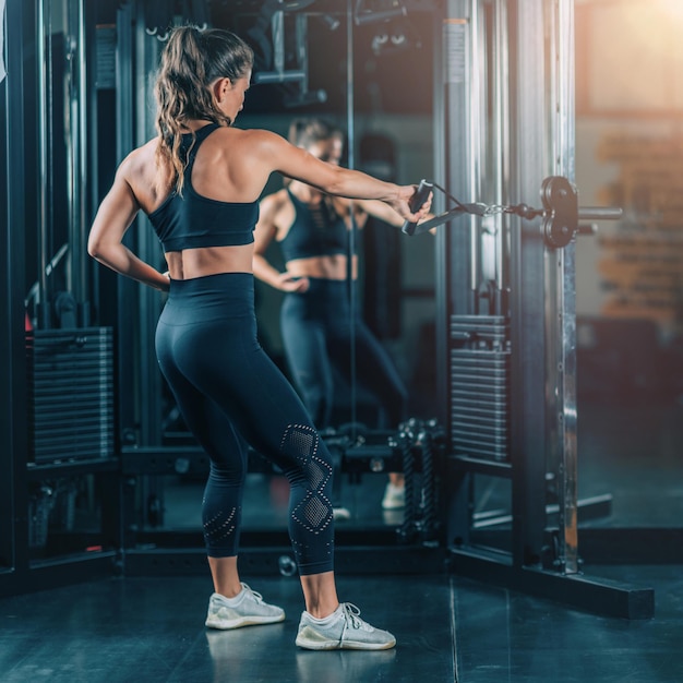 Frau macht Übungen an einem Gerät in einem Fitnessstudio