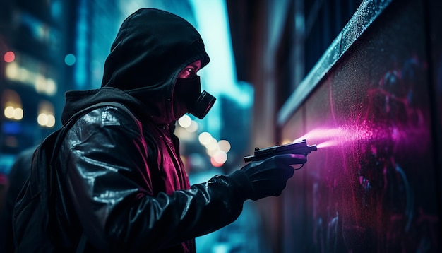 Frau macht Cyberpunk-Graffiti-Kunst mit Sprühfarbe auf der Straße