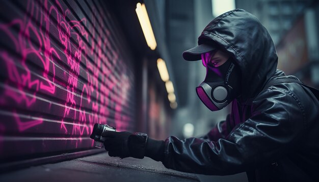 Frau macht Cyberpunk-Graffiti-Kunst mit Sprühfarbe auf der Straße