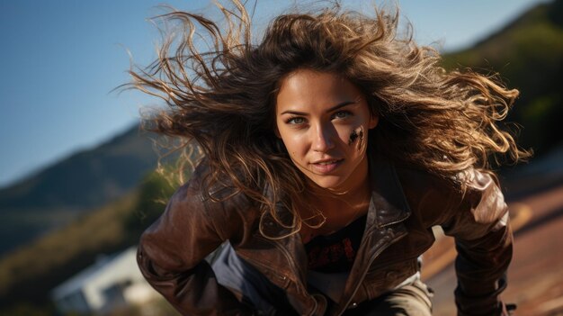 Foto frau macht einen coolen skateboard-trick