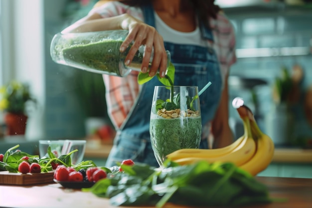 Foto frau macht einen gesunden grünen smoothie mit spinatbeeren und bananen