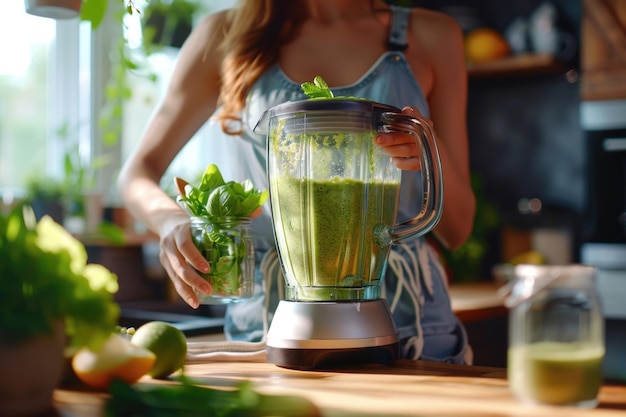 Foto frau macht grünen smoothie in der küche, konzentriert euch auf den mixer.