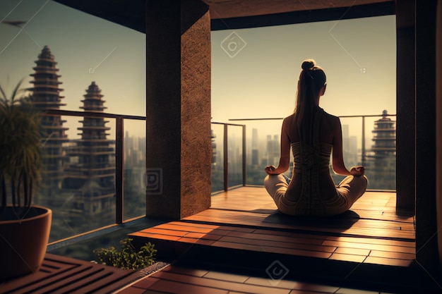 Frau macht Yoga auf einem Balkon mit Blick auf die Stadt.