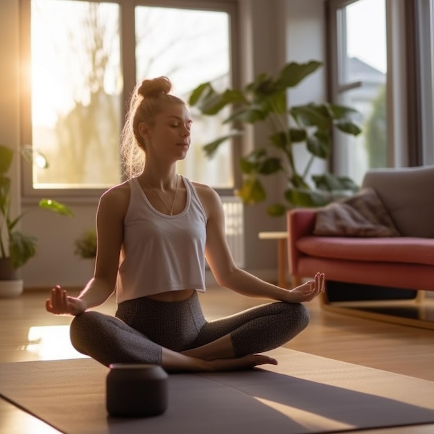 Frau macht Yoga in einer Yoga-Pose vor einem Fenster