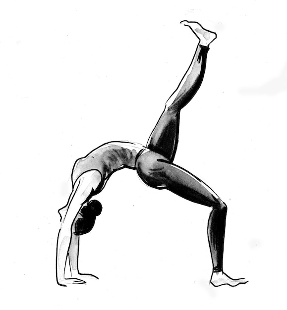 Frau macht Yoga-Übungen. Tusche- und Aquarellzeichnung