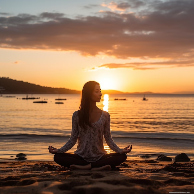 Frau macht Yoga und entspannt sich in der Natur. KI-generiertes Bild