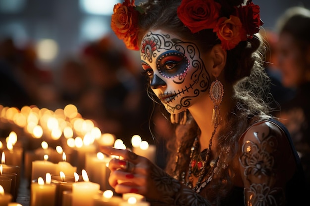 Frau malt ihr Gesicht Schädel und dekorieren mit Blumen Tag des Todes Kultur Konzept Hintergrund