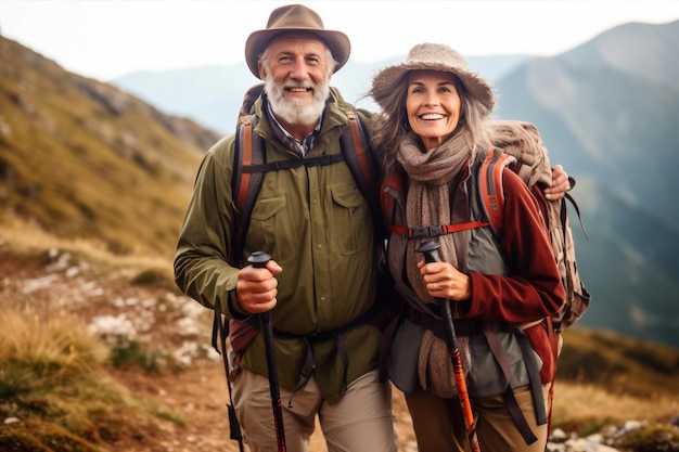 Frau Mann Gemeinsamkeit Paar Freizeit-Lebensstil Natur aktiver Tourist im Freien Rucksack alt Generative KI