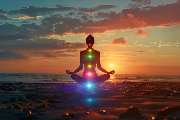 Frau meditiert am Strand bei Sonnenuntergang und aktiviert Chakras mit Yoga