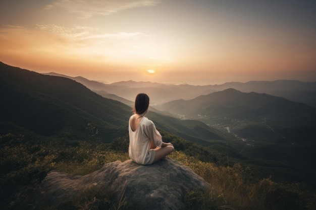 Frau meditiert im Lotussitz auf einer Klippe mit malerischer Aussicht