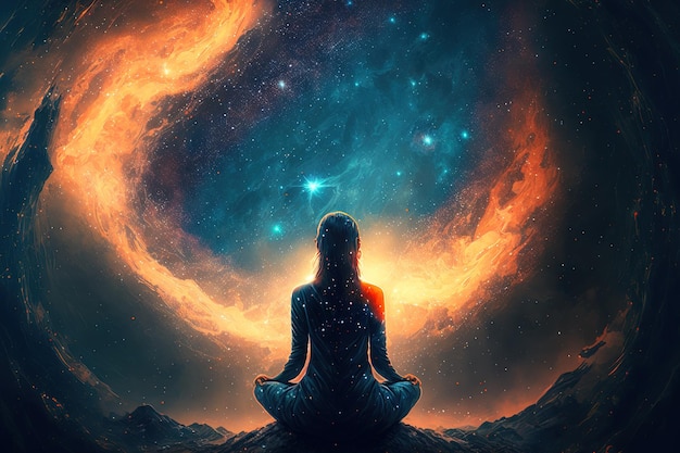Frau meditiert und beobachtet das Universum