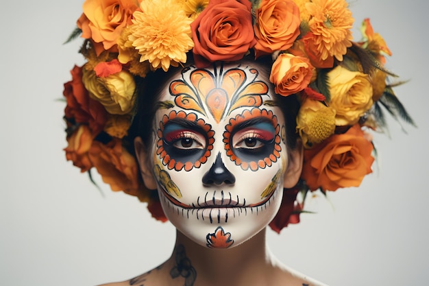 Frau mit aufwendigem Calavera-Make-up und Ringelblumenkrone Feiern Sie Dia de los Muertos