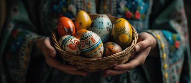 Frau mit bemalten Eiern in einem Easter-Korb mit farbigen Eiern