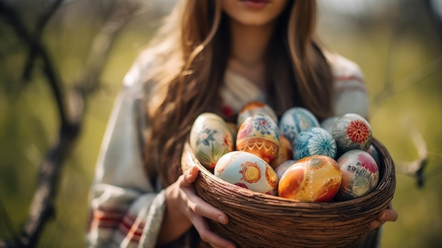 Foto frau mit bemalten eiern in einem easter-korb mit farbigen eiern